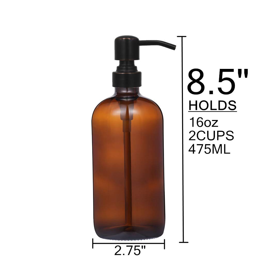 2 Pack 16 Ounce Boston Round Glass Bottles Soap Dispenser With Oil Rubbed Bronze Stainless Steel Pumps